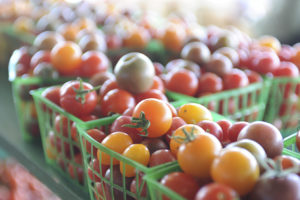 red and yellow tomatoes in green basket
